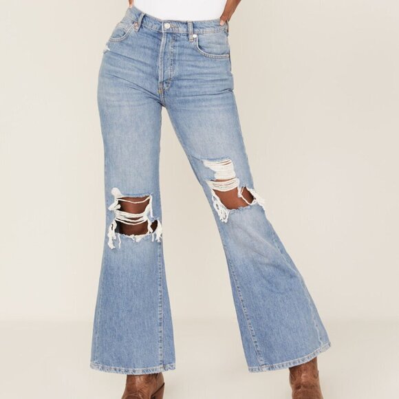Free People New Dawn Flare Jeans Women's 30 Blue Denim Distressed High Rise Boho - Picture 1 of 11